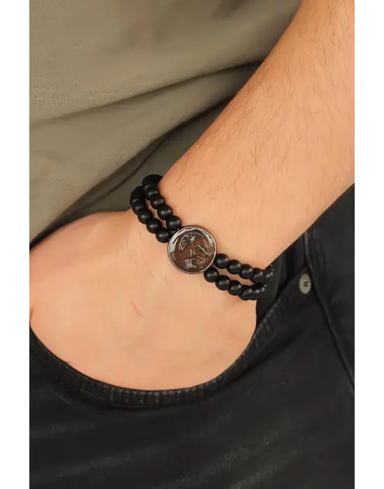 Kahverengi Füme Renk Metal Atatürk Portresi Tasarımlı Siyah Renk Mat Oniks Doğal Taş Erkek Bileklik