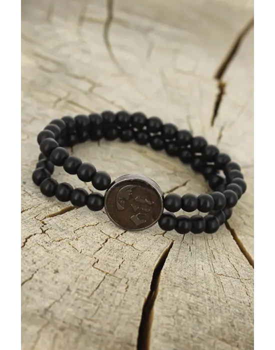 Kahverengi Füme Renk Metal Atatürk Portresi Tasarımlı Siyah Renk Mat Oniks Doğal Taş Erkek Bileklik