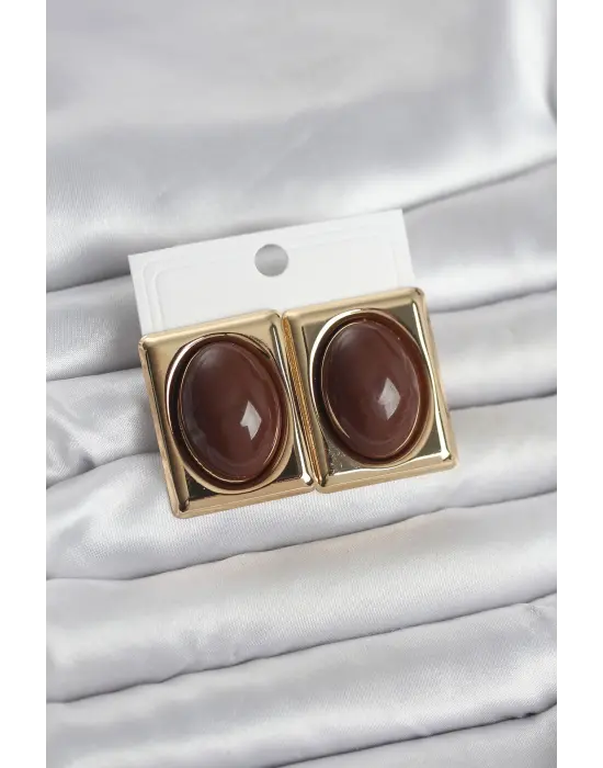 Kahverengi Kare Model Vintage Gold Renk Kadın Küpe