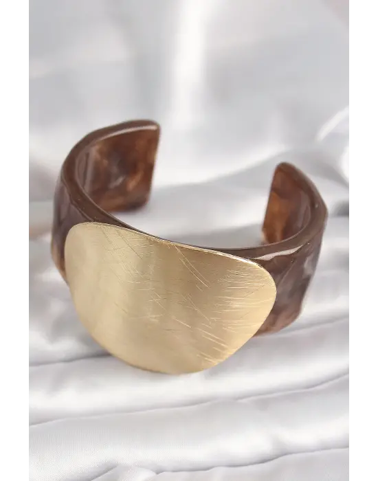 Kahverengi Mermer Desen Akrilik Plastik Gold Daire Plaka Model Vintage Kadın Bilezik