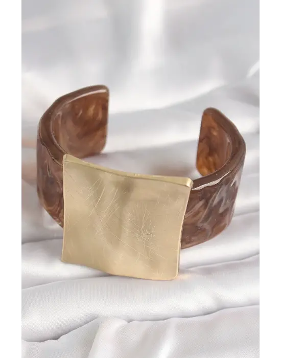 Kahverengi Mermer Desen Akrilik Plastik Gold Kare Plaka Model Vintage Kadın Bilezik