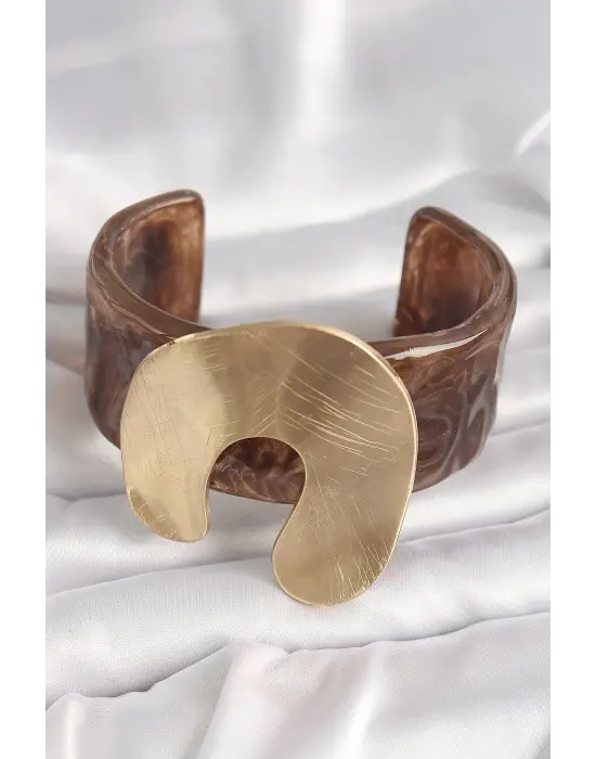 Kahverengi Mermer Desen Akrilik Plastik Gold Nal Model Plaka Vintage Kadın Bilezik