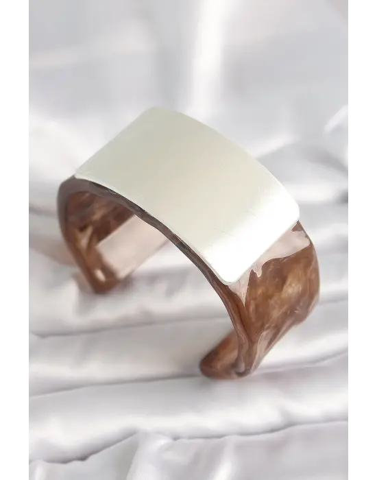 Kahverengi Mermer Desen Akrilik Plastik Gümüş Dikdörtgen Plaka Vintage Kadın Bilezik