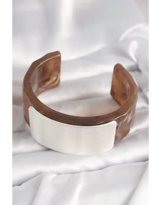 Kahverengi Mermer Desen Akrilik Plastik Gümüş Dikdörtgen Plaka Vintage Kadın Bilezik