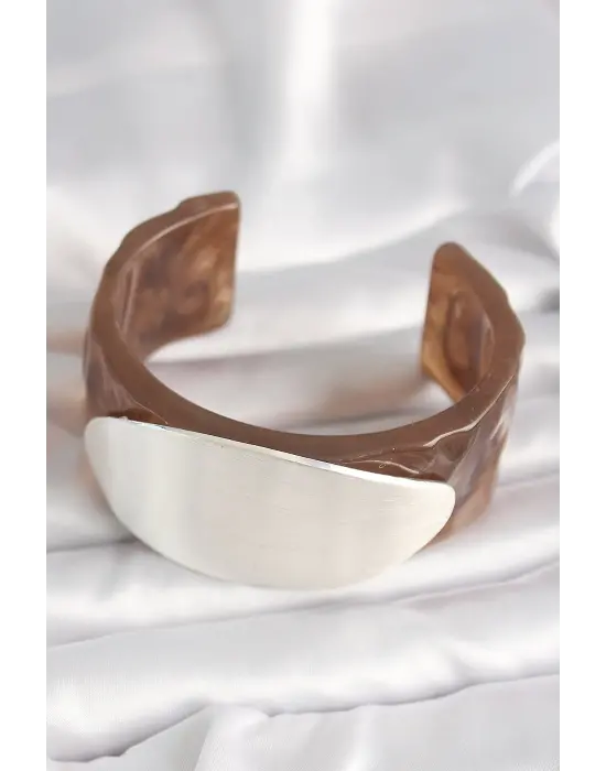 Kahverengi Mermer Desen Akrilik Plastik Gümüş Oval Plaka Model Vintage Kadın Bilezik