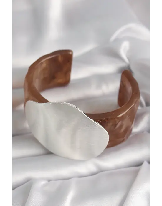 Kahverengi Mermer Desen Akrilik Plastik Gümüş Plaka Model Vintage Kadın Bilezik