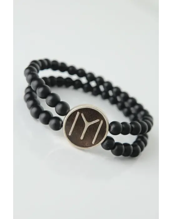 Kahverengi Metal Üzerine Eskitme Gümüş Kayı Boyu Figürlü Siyah Renk Çift Sıra Doğal Taş Erkek Bileklik