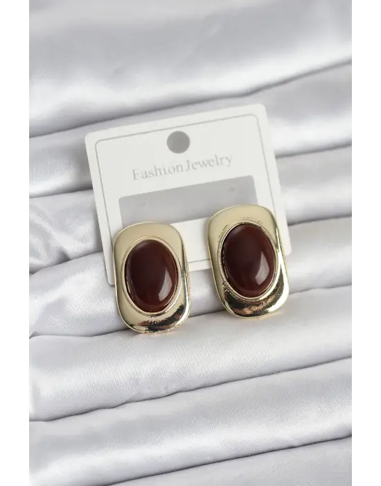 Kahverengi Renk Kare Model Vintage Kadın Küpe