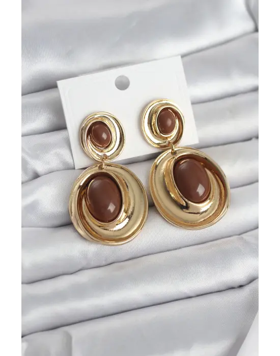 Kahverengi Sallantılı Damla Model Gold Renk Vintage Kadın Küpe