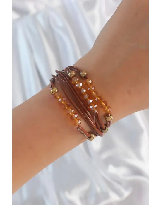Kahverengi Zirkon Taşlı İpli Çoklu Bileklik