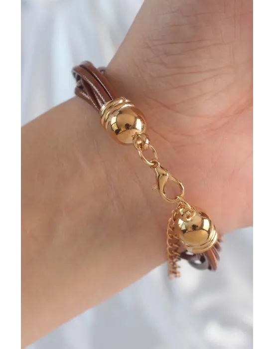 Kahverengi Zirkon Taşlı İpli Çoklu Bileklik