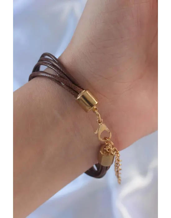 Kahverengi Zirkon Taşlı İpli Püskül Detay Çoklu Bileklik