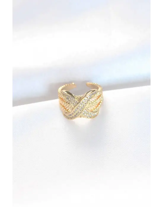 Kalın Zirkon Taşlı Altın Ayarlanabilir X Tasarım Yüzük