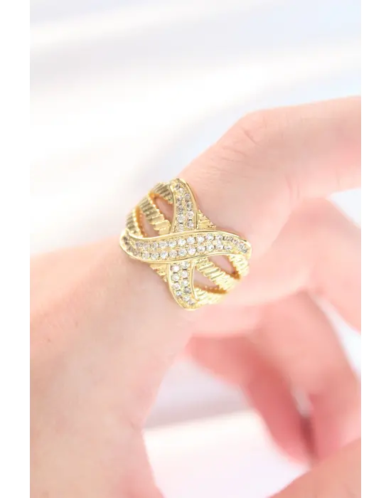 Kalın Zirkon Taşlı Altın Ayarlanabilir X Tasarım Yüzük