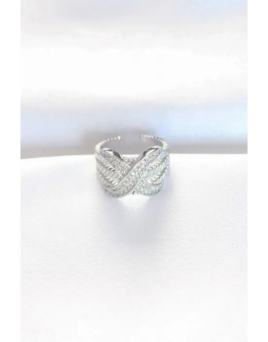 Kalın Zirkon Taşlı Silver Renk Ayarlanabilir X Tasarım Yüzük