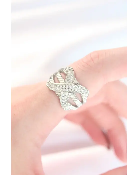 Kalın Zirkon Taşlı Silver Renk Ayarlanabilir X Tasarım Yüzük