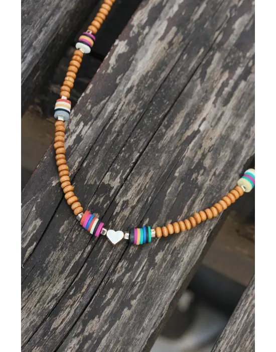 Kalp Figürlü Tahta Boncuklu Kolye