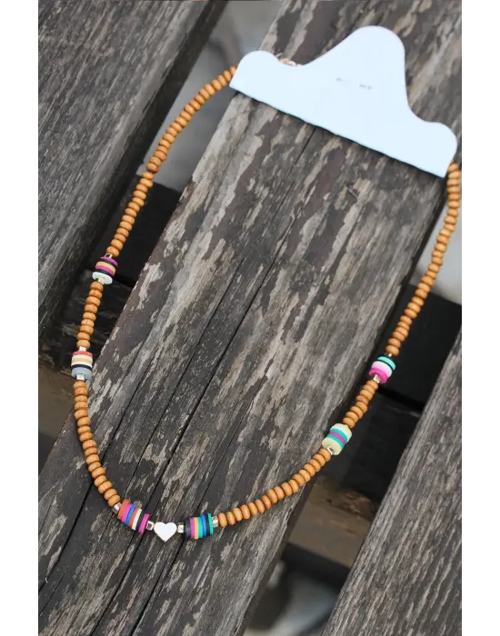 Kalp Figürlü Tahta Boncuklu Kolye