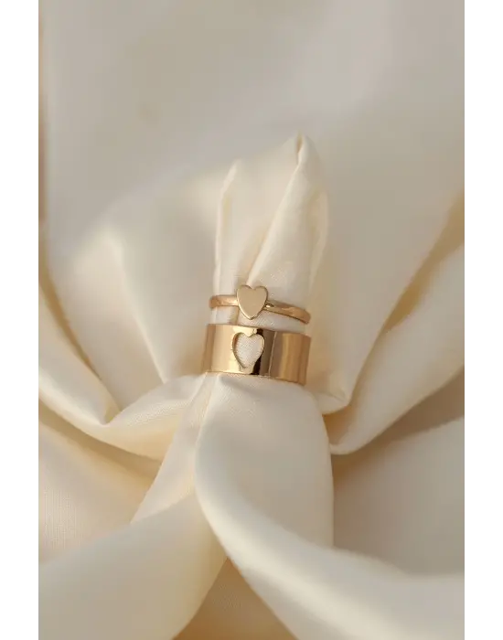 Kalp Model Altın Renk Ayarlamalı Çift Yüzüğü