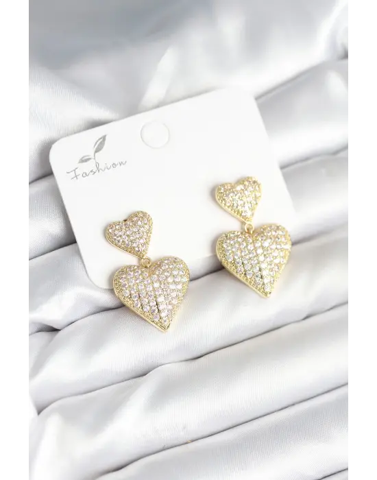 Kalp Model Zirkon Taşlı Gold Renk Pirinç Kadın Küpe