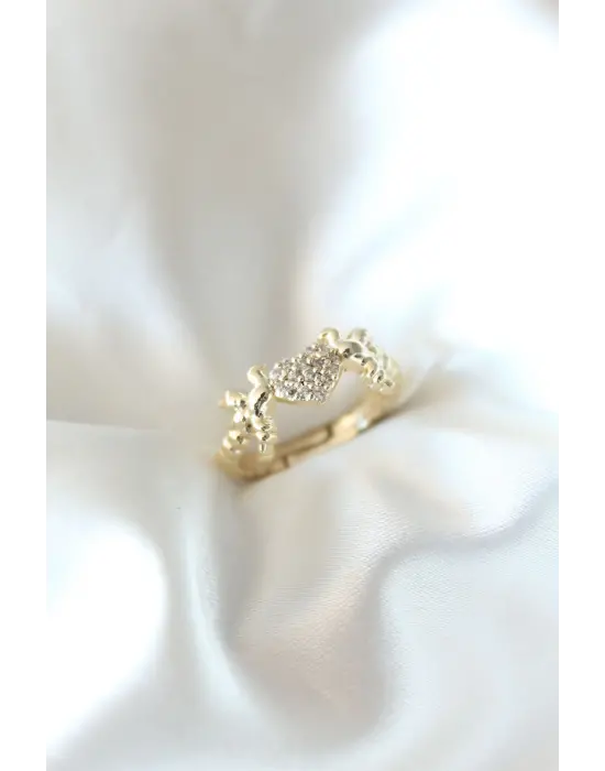 Kalp ve Kuş Figürlü Altın Kaplama Zirkon Taşlı Kadın Yüzük