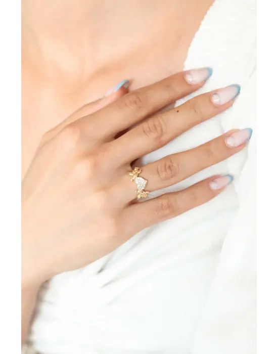 Kalp ve Kuş Figürlü Altın Kaplama Zirkon Taşlı Kadın Yüzük