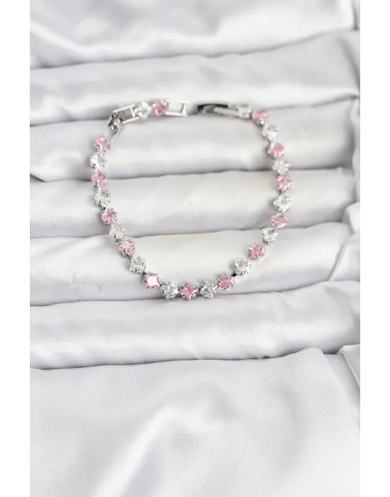 Kare Zirkon Taşlı Gümüş Renk Abiyelik Çelik Kadın Bileklik