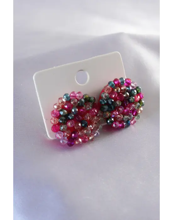 Karışı Renk Kristal Örme Düğme Model Çelik Küpe