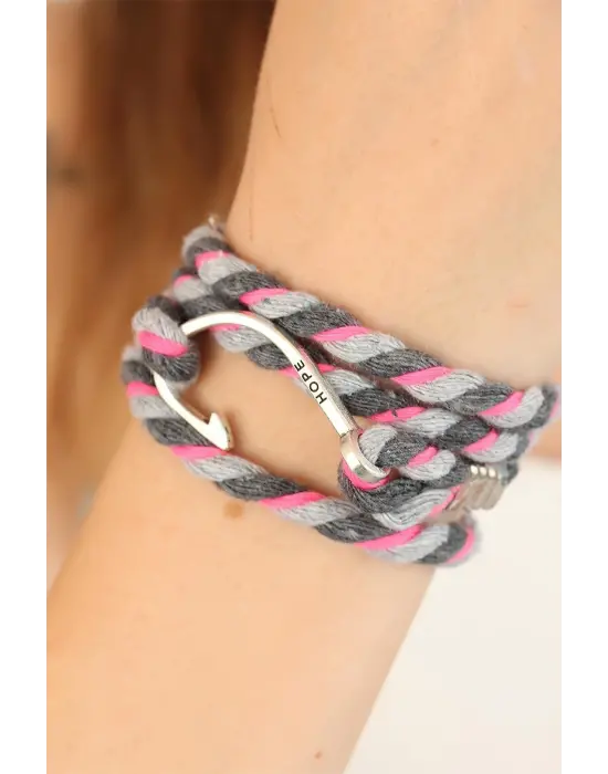 Karışık Desenli Pembe Gri Gümüş Metal Kancalı Bayan Çoklu Bileklik