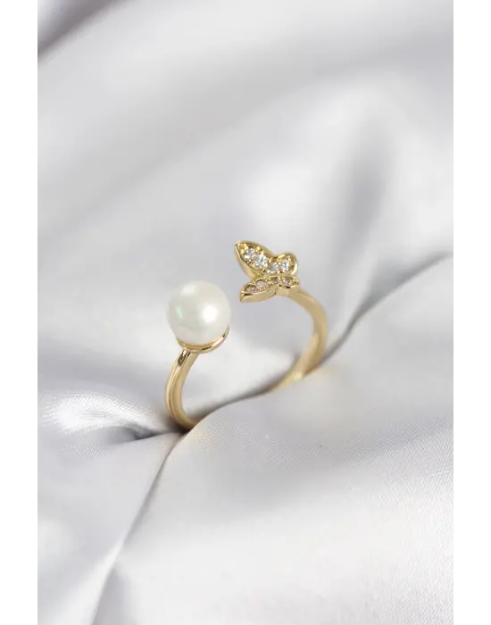 Kelebek İncili Model Gold Renk Zirkon Taşlı Kadın Yüzük