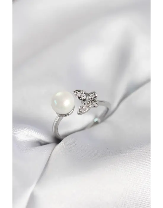 Kelebek İncili Model Gümüş Renk Zirkon Taşlı Kadın Yüzük