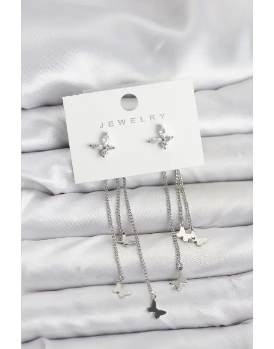 Kelebek Model Gümüş Renk Pirinç Sallantılı Kadın Küpe