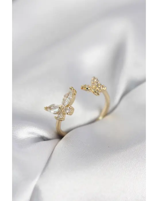 Kelebek Model Zirkon Taşlı Gold Renk Kadın Yüzük