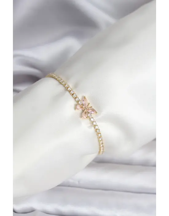 Kelebek Model Zirkon Taşlı Gold Renk Pirinç Su Yolu Kadın Bileklik