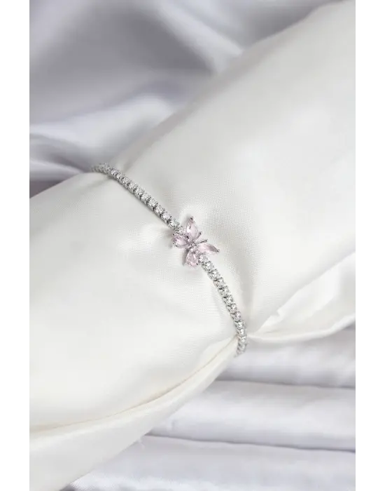 Kelebek Model Zirkon Taşlı Gümüş Renk Pirinç Su Yolu Kadın Bileklik