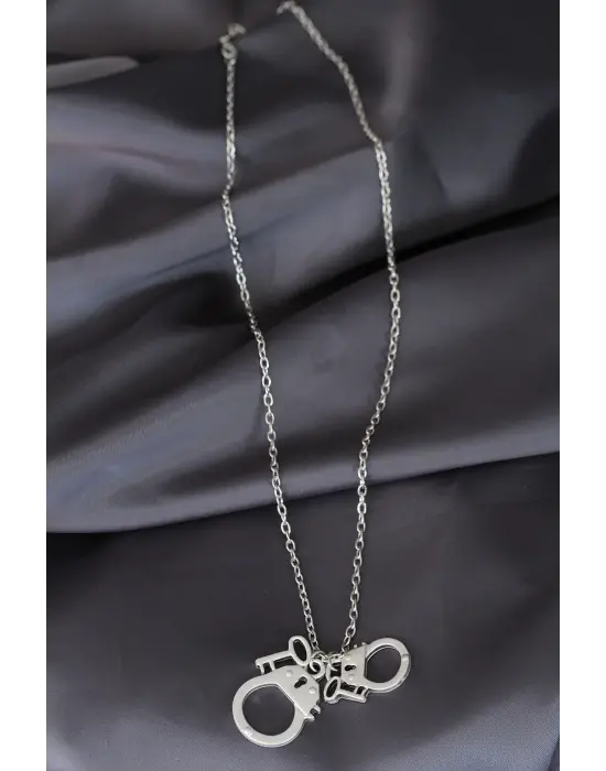 Kelepçe Model Gümüş Renk Metal Zincirli Erkek Kolye