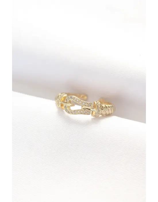 Kemer Tokası Tasarımlı Altın Zirkon Taşlı Ayarlanabilir Yüzük