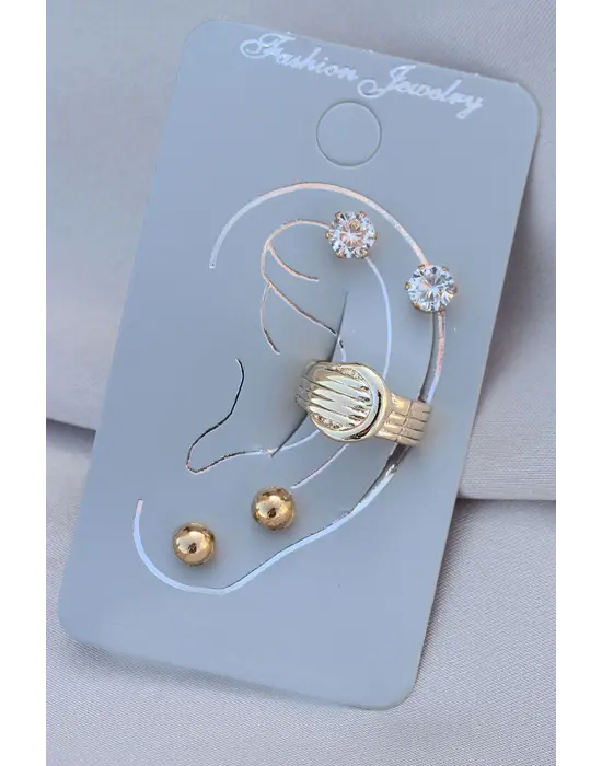 Kemerli Model Gold Metal Taşlı Kıkırdak Küpe Seti
