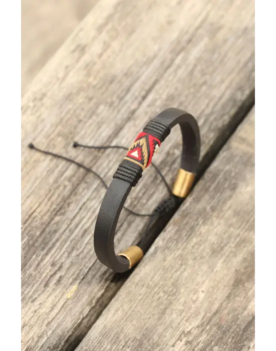 Kırmızı Etnik Desenli Kadın Deri Bileklik