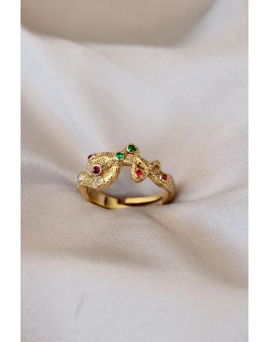 Kırmızı Gözlü Yılan Detaylı Zirkon Taşlı Ayarlamalı Yüzük