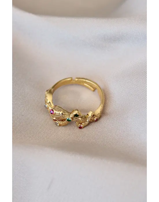 Kırmızı Gözlü Yılan Detaylı Zirkon Taşlı Ayarlamalı Yüzük