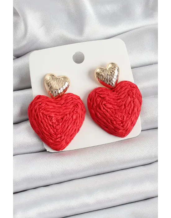 Kırmızı Kalp Figürlü Hasır Örgü Model Gold Renk Kadın Küpe