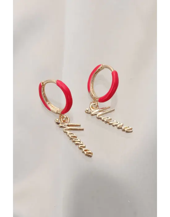 Kırmızı Mama (anne) Yazılı Çelik Küpe