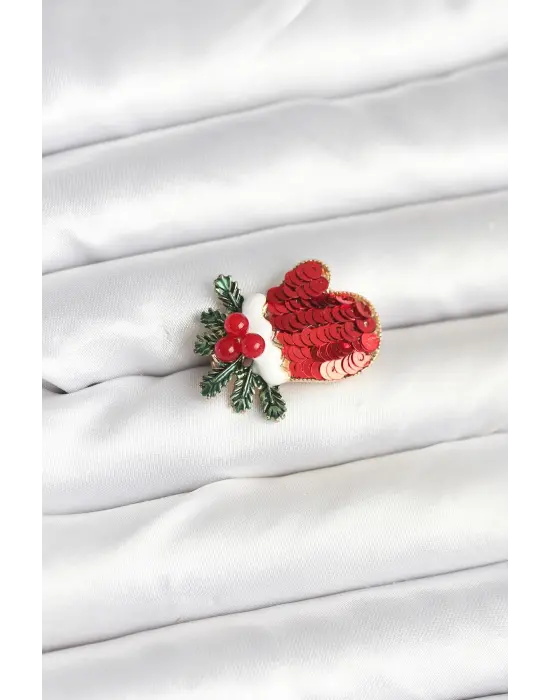 Kırmızı Eldiven Yılbaşı Temalı Kadın Broş