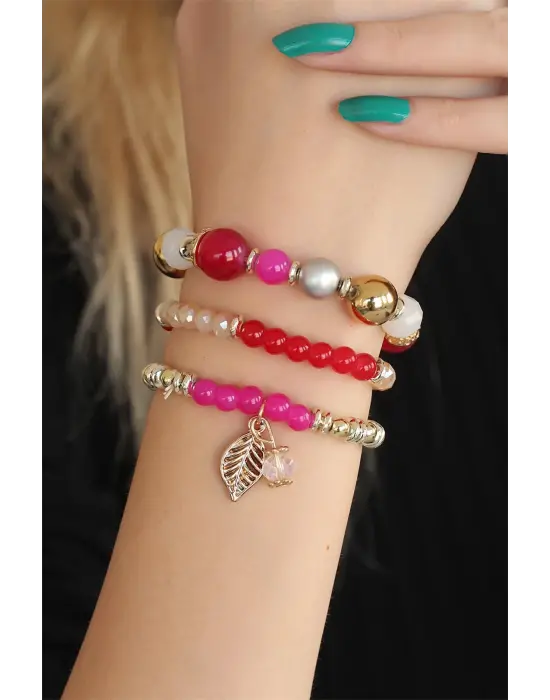 Kırmızı Pembe Boncuklu Bayan Bileklik