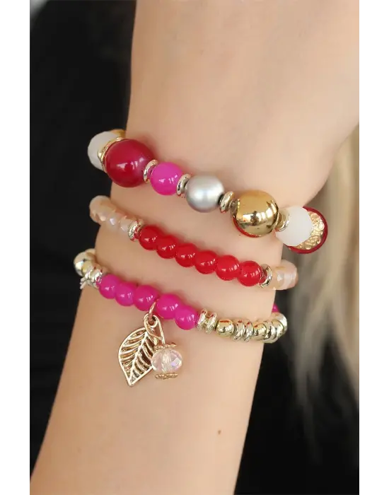 Kırmızı Pembe Boncuklu Bayan Bileklik