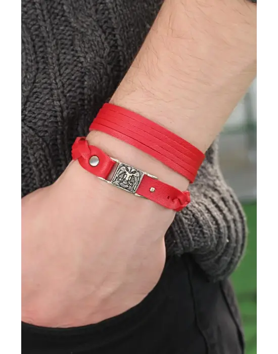 Kırmızı Renk Deri Erkek Bileklik Kombin