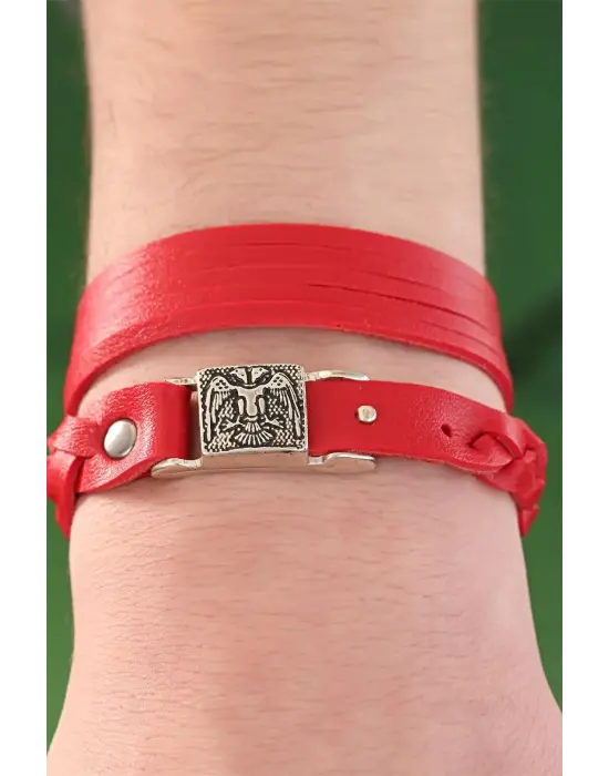 Kırmızı Renk Deri Erkek Bileklik Kombin