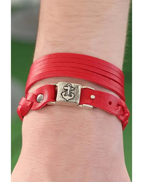 Kırmızı Renk Deri Erkek Bileklik Kombin