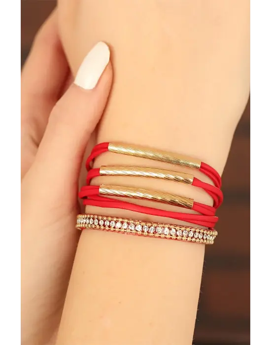 Kırmızı Renk Deri Taşlı Bayan Çoklu Bileklik